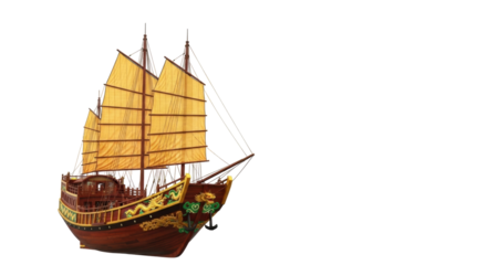 Isolated Chinese sailing junk ship in studio shot, traditional, asian-style merchant vessel
