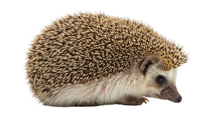 Isolated adorable European hedgehog standing alone against seamless backdrop, cute pet closeup