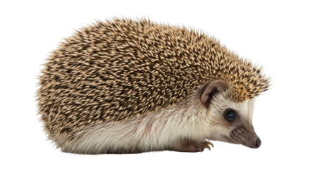 Isolated adorable European hedgehog standing alone against seamless backdrop, cute pet closeup