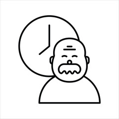 Concept of aging and time passing, represented by a senior man with a clock in a minimalist line art style, illustrating the progression of life and retirement planning