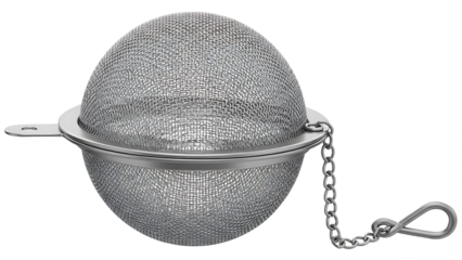 A close up of a silver metal mesh tea infuser with a chain and a hook on a transparent background