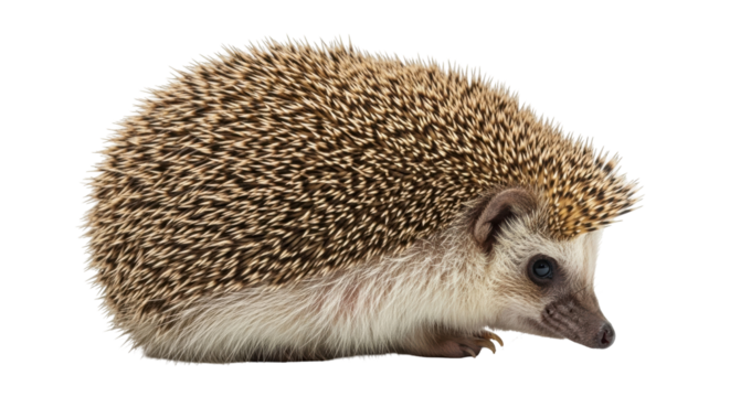 Isolated adorable European hedgehog standing alone against seamless backdrop, cute pet closeup