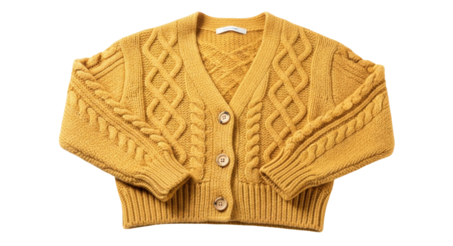 Isolated mustard cable-knit cardigan sweater with long sleeves and button-down front closure