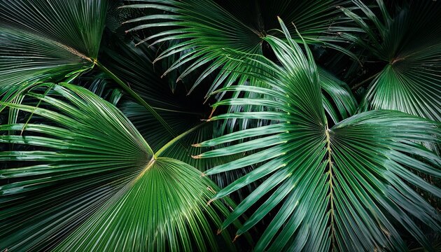 Lush Dark Green Tropical Foliage Panorama Monstera Palm Fern Banana Leaves Summer Exotic - Powered by Adobe