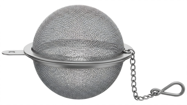 A close up of a silver metal mesh tea infuser with a chain and a hook on a transparent background