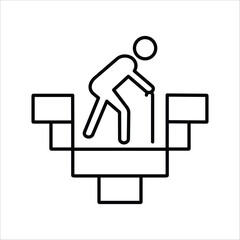 Vector illustration of a senior citizen with a cane carefully walking on an abstract obstacle course, symbolizing aging, mobility issues, and determination