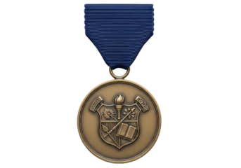 Isolated military decoration award on blue ribbon, featuring heraldic crest and Latin text