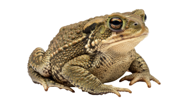 Isolated amphibian toad facing right, bumpy texture, detailed animal, in studio light