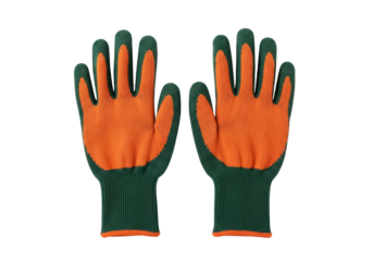 Isolated pair of orange and green working gloves for gardening, construction, and household tasks