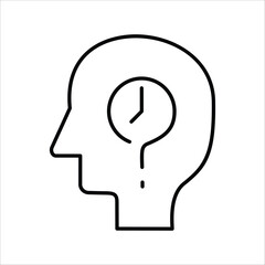 Line art icon of a human head with a clock and question mark, symbolizing deep thought about time management and the challenges of meeting deadlines