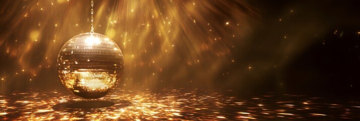 Golden disco ball hanging with sparkling light reflection and glowing glitter on dance floor. Festive party atmosphere for celebration background.