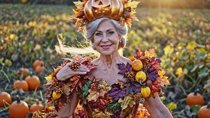 Woman in Autumnal Pumpkin Costume - A smiling woman stands in a pumpkin patch wearing a sculptural costume made of autumn leaves, berries, and small pumpkins.