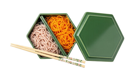 Isolated hexagon shaped lunchbox containing noodles next to cover and chopsticks on display