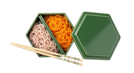 Isolated hexagon shaped lunchbox containing noodles next to cover and chopsticks on display