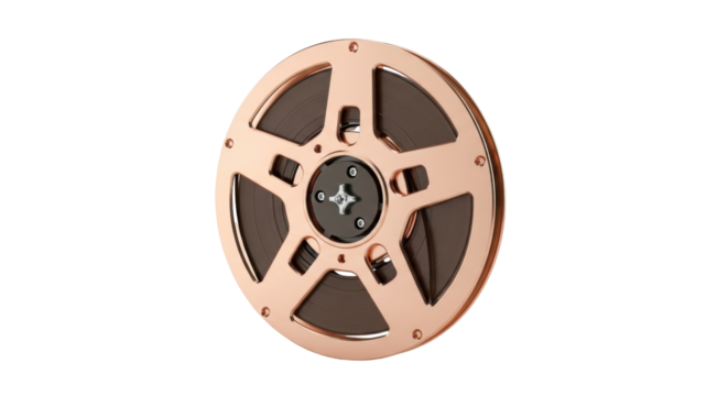 Isolated copper film reel on its side for cinema, music or television; vintage style
