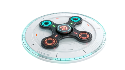 Sci-fi 3D fidget spinner toy with vibrant neon glow placed upon a futuristic technology platform isolated on transparent background