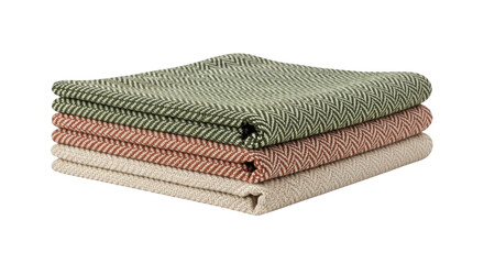Isolated stack of three folded colorful cotton napkins with decorative herringbone pattern