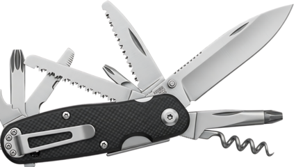 Close up of a multi tool with various attachments including a knife and corkscrew extended open