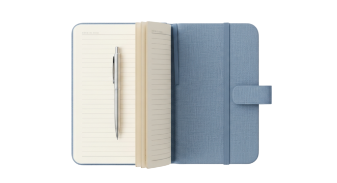Isolated light blue notebook with elastic strap, pen laying across lined pages and open cover