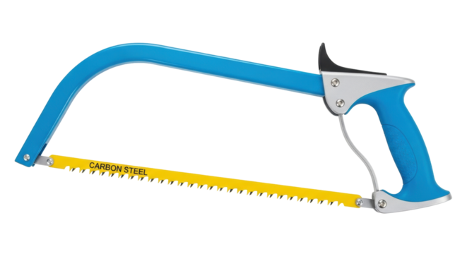 Isolated bow saw with carbon steel blade for cutting wood, drywall and plastic surfaces