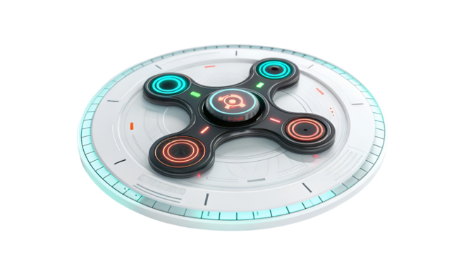 Sci-fi 3D fidget spinner toy with vibrant neon glow placed upon a futuristic technology platform isolated on transparent background