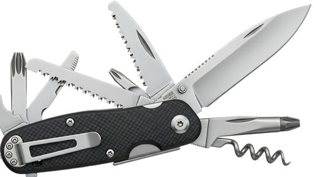 Close up of a multi tool with various attachments including a knife and corkscrew extended open