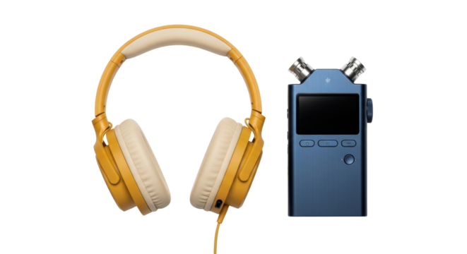 Isolated studio headphones with portable audio recorder for professional voiceovers, music