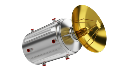Isolated gold parabolic satellite antenna receiver, spacecraft telecommunication system device
