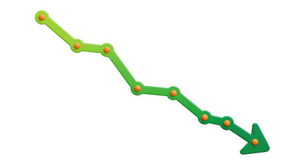 Isolated declining trend line with orange dots, recession concept, negative progress, falling revenue