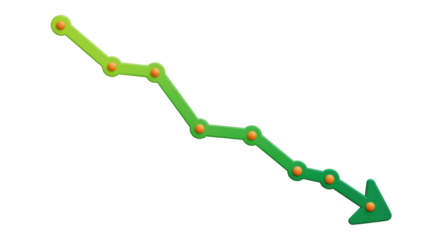 Isolated declining trend line with orange dots, recession concept, negative progress, falling revenue