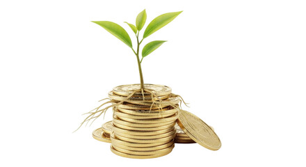 Isolated plant growing from stack of coins symbolizing financial growth and investment