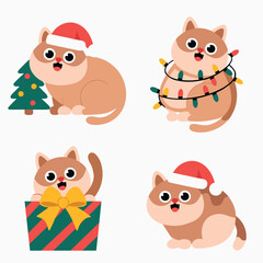 Collection of adorable christmas kitten stickers wearing santa hats and peeking from gifts, perfect for holiday messaging and projects
