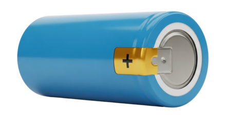 Isolated blue lithium-ion battery showing positive terminal, for rechargeable power storage