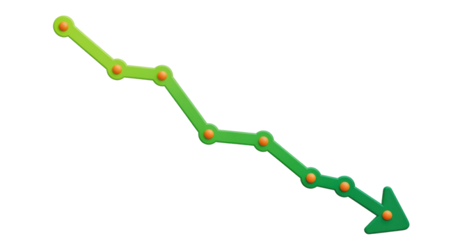 Isolated declining trend line with orange dots, recession concept, negative progress, falling revenue