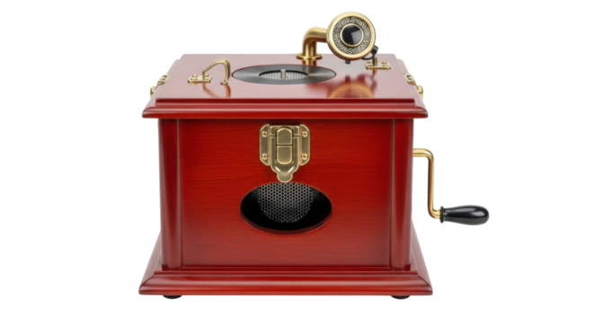 Isolated antique phonograph wooden cabinet, vintage record player, gramophone music device