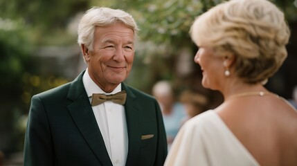 Elderly couple exchanging wedding vows in a beautiful outdoor garden surrounded by blooming flowers and loved ones, capturing the heartfelt emotion of senior romance, late-life commitment, and