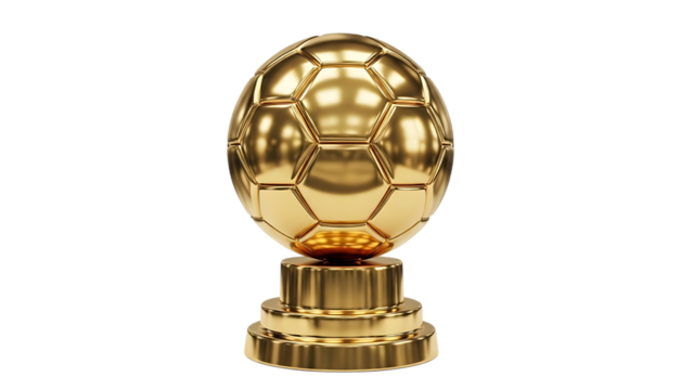 Golden soccer trophy award on isolated background with reflections