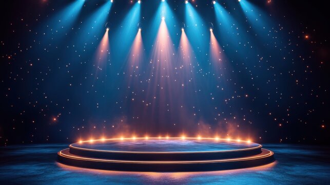 Illuminated stage podium scene for award ceremony event hall gigapixel capture festive environment front view celebration theme