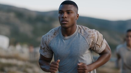 A recruit jogging with their team at dawn, sweat on their forehead as cadence calls echo across the training grounds — physical conditioning, unity, and the rhythm of early military life. cinematic