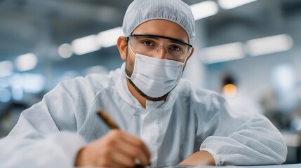 A clean-room facility where engineers carefully craft high-tech components using non-toxic chemicals and closed-loop filtration systems — sustainable chemical management, safe manufacturing