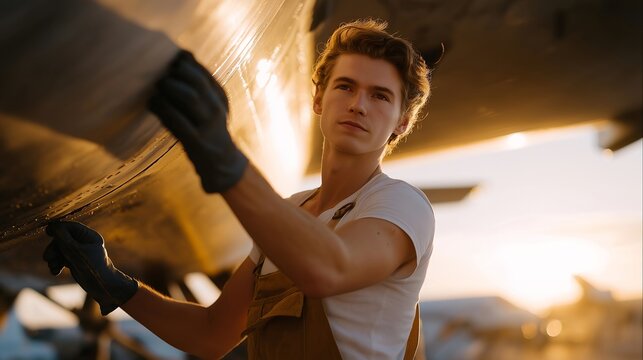 An aviation engineer performing a detailed wing inspection at sunrise, running a gloved hand along the metal surface while checking rivets and flap mechanisms under warm golden light — aircraft
