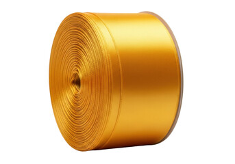 Isolated roll of yellow satin ribbon unwinding for crafting, sewing, or gift wrapping purposes.
