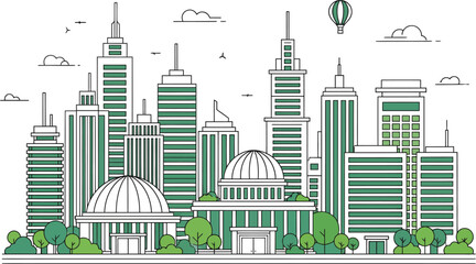 Obraz premium Modern cityscape illustration with tall buildings and greenery under a clear sky