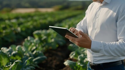 A smart agriculture sensor glowing green as its soil-moisture indicator reaches optimal hydration, farmers reviewing readings on a tablet beside rows of crops — precision farming tech and real-time