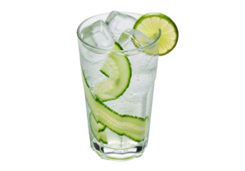 Isolated tall glass of cucumber gin and tonic cocktail garnished with slice of lime