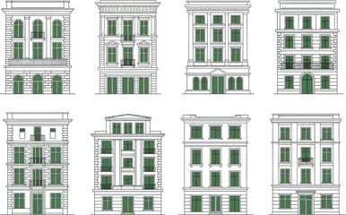 Fototapeta premium Collection of eight detailed architectural illustrations of classic european apartment buildings and facades