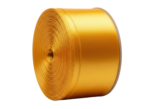 Isolated roll of yellow satin ribbon unwinding for crafting, sewing, or gift wrapping purposes.