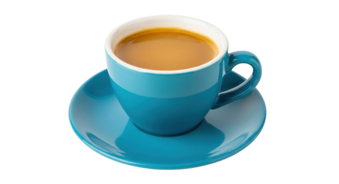 Isolated teal cup of coffee or tea on saucer, vibrant color for design, close up view