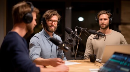 A podcast media crew adjusting microphones and soundproof panels in a small creative studio, hosts preparing notes as recording software flashes on the screen — audio production, storytelling