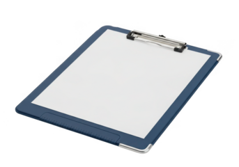 A blue clipboard with a blank white paper sheet isolated on transparent background